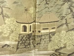 アンティーク　寺院風景模様織り出し緞子肩裏本場正藍泥染大島紬100亀甲男物羽織